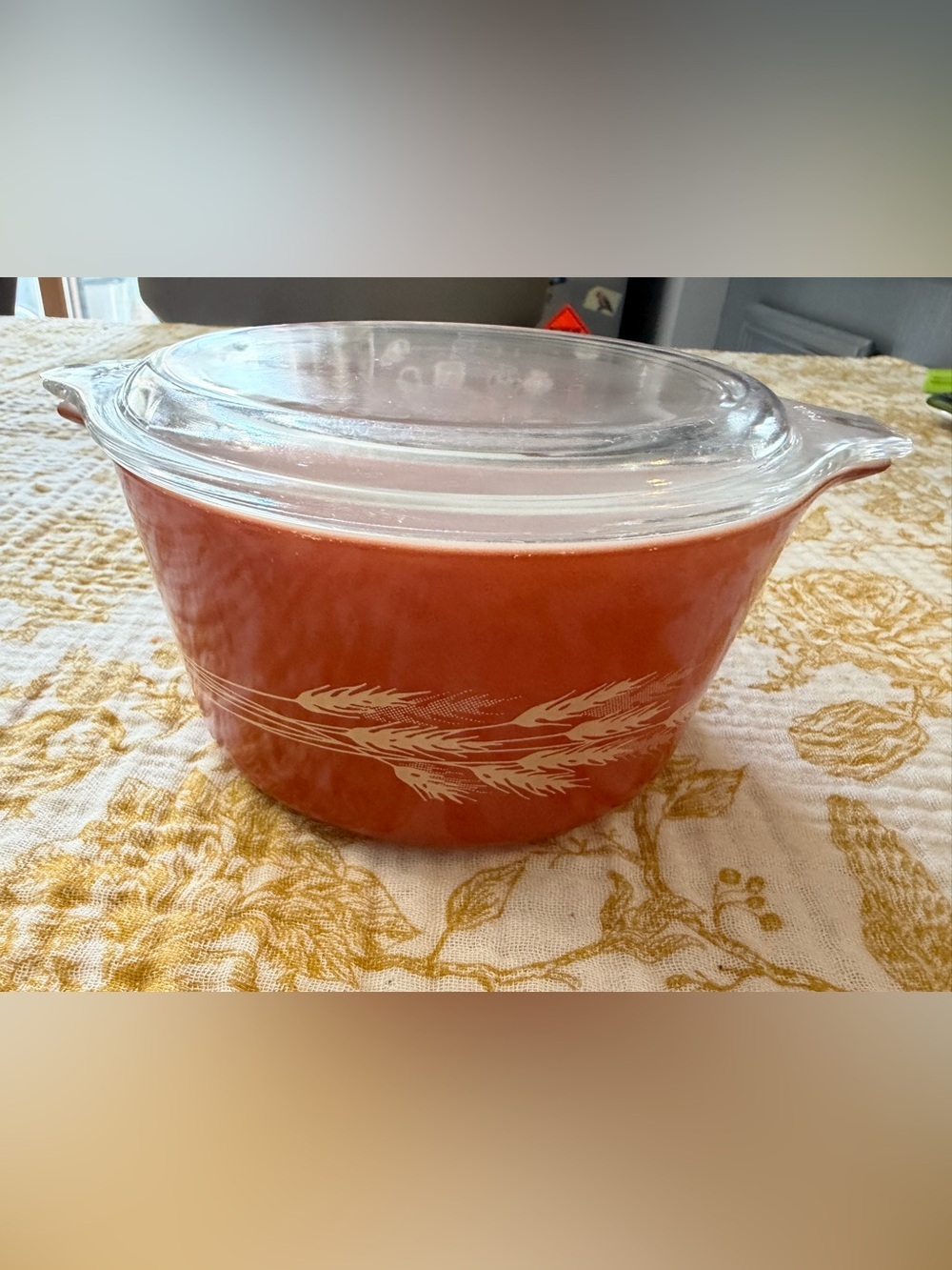 Pyrex  “Autumn Harvest”Orange Wheat-Pattern Casserole with Clear Glass Lid